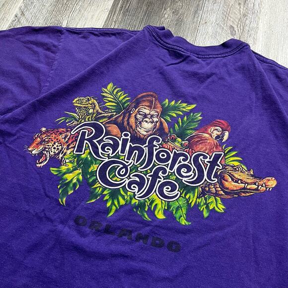 Vintage 90s Purple Rainforest Café Orlando Back Design Souvenir T-Shirt Mens L - Picture 1 of 8